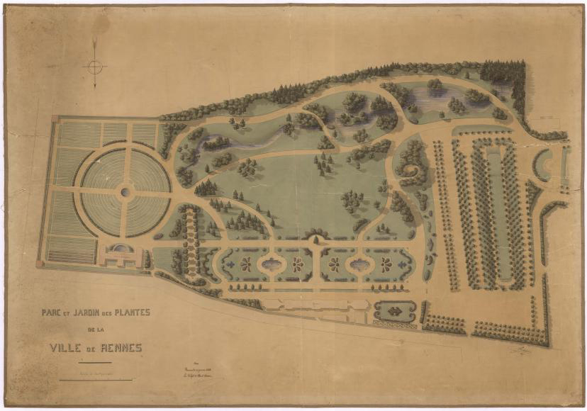 Thabor, installation de l'eau, Rennes. Installation de l'eau au Jardin des plantes (pose des canalisations en fonte, la construction des acqueducs en maçonnerie, de la cascade et de la rivière anglaise). 	 	 1884 	 127,2x84 	 BLIN